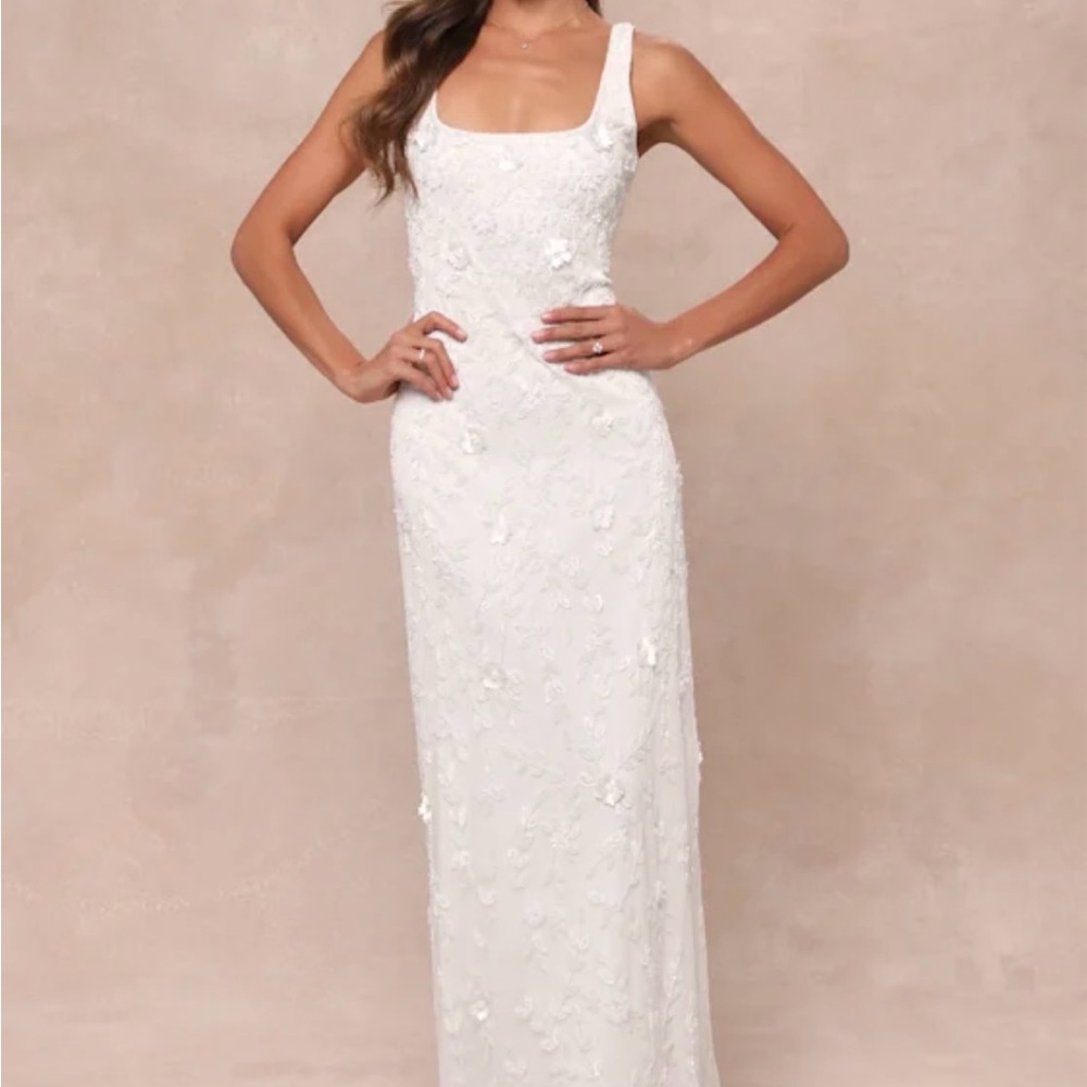 Lulu's Extraordinary Glamour White 3D Floral Beaded Backless Maxi Dress